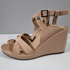 Vionic Bonita Wedge Sandals Womens 11 Macaroon Tan Suede Leather Orthotic